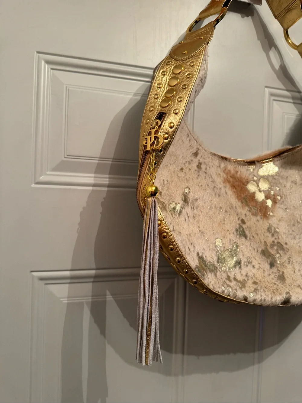 Junior Drake Gold Studded with metallic Cowhide Hobo Bag Fringed Tassel
